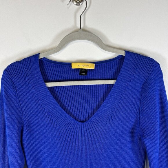 St. John Cobalt Blue Ribbed Knit Sweater Womens Sz M Designer Wool Silk Cashmere - Picture 2 of 10